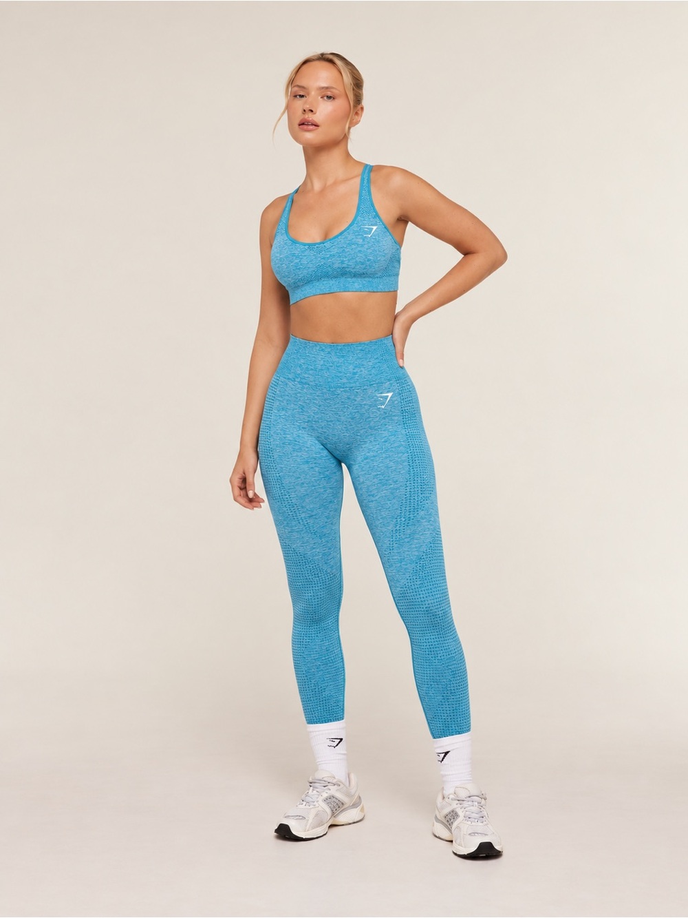 Gymshark Marl Seamless Scoop Bra Leggings Set Teal Blue Gym Workout Sz S